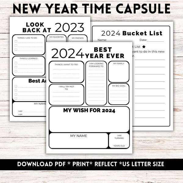 Tijdcapsule voor het nieuwe jaar 2024, bundel voor reflectie en het stellen van doelen, Jaaroverzicht 2023, Doelplan voor het nieuwe jaar, Bucketlist voor 2024, Resolutie voor 2024