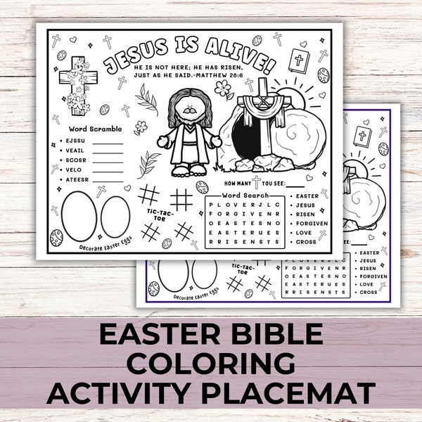 Easter Bible Activity Coloring Placemat, Christian Easter Sunday School Activity for Kids, Children's Church Jesus is Alive Easter Games