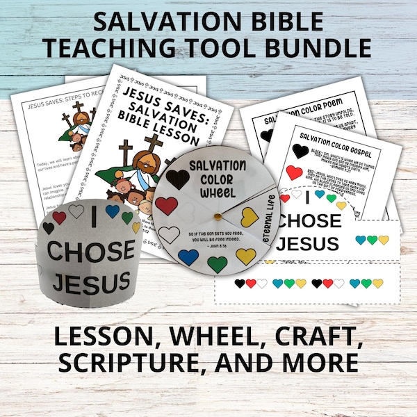 Salvation Bible Lesson and Activities Printable, Color Gospel Bible Wheel Craft Activity for Kids, Sunday School Faith Bracelet Poem Craft