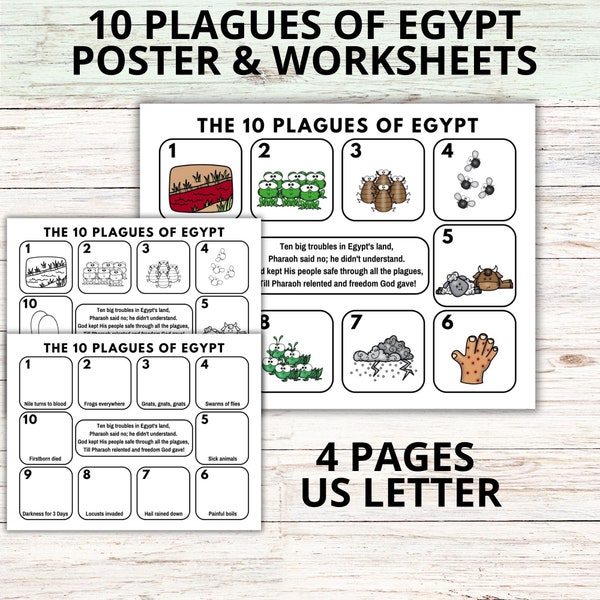 Ten Plagues of Egypt Bible Activity Sheets, Exodus Sunday School Lesson for Kids, Printable Plagues Coloring Lesson Activity, Plagues Poster