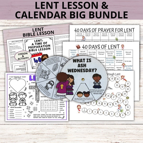 40 Days of Lent Calendar Activities Bundle for Kids, Lent Lesson for Kids, Lent Sunday School Ash Wednesday Craft and Lent Activity Page