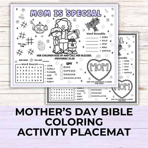 Mothers Day Bible Activity Coloring Placemat, Mothers Day Church Games and Coloring Activity for Kids, Mothers Day Sunday School Printable