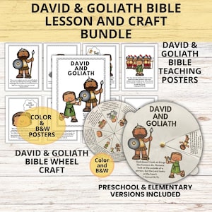 David and Goliath Bible Lesson Teaching Posters and Bible Wheel Craft Bundle, Sunday School and VBS Church Old Testament Lesson Printable