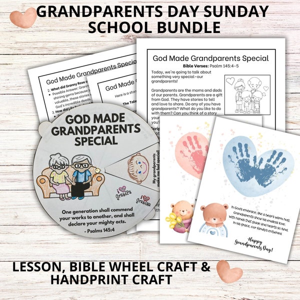 Grandparents Day Sunday School Printable Bundle, Grandparents Bible lesson, Bible Wheel and Church Nursery Handprint Craft for Grandma