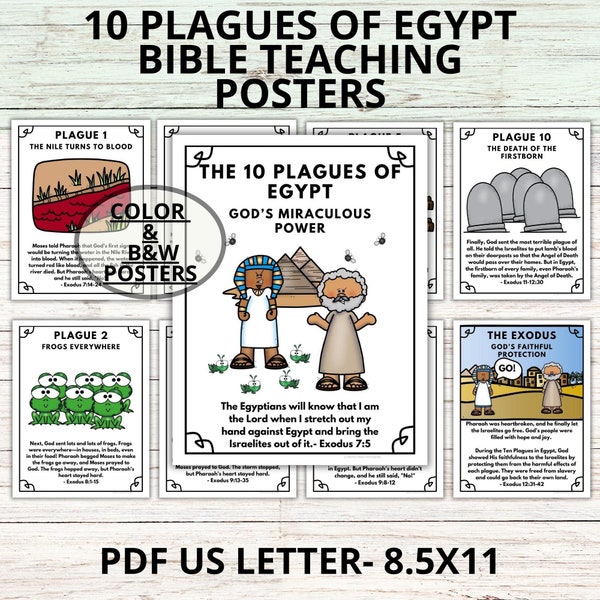 Ten Plagues of Egypt Bible Story Teaching Posters, Sunday School Lesson for Kids, Printable Passover Lesson Activity, Bible Coloring Craft