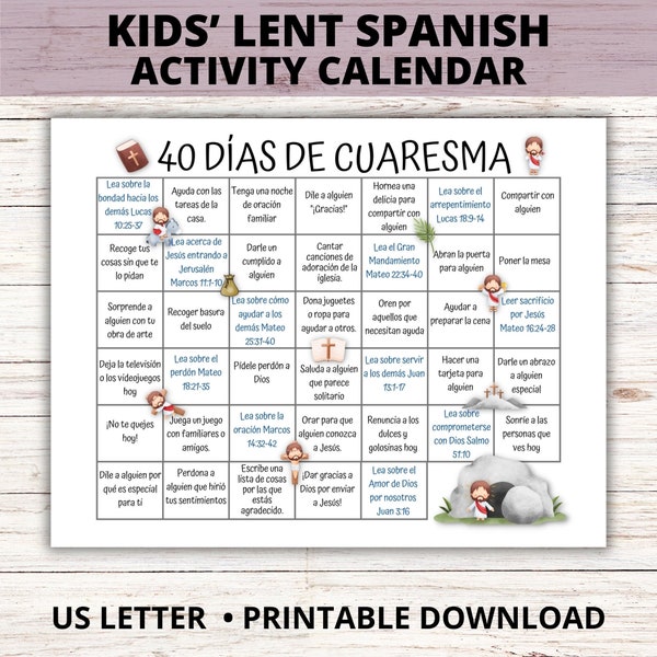 Kids 40 Days Lenten Calendar Spanish, Spanish Lent Activity Calendar for Kids, Ash Wednesday Bible Study, Catholic Lent Family Activities