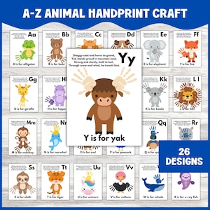 Manualidades con huellas de manos del alfabeto animal: paquete de aprendizaje de letras de la A a la Z para preescolar, 26 plantillas de animales imprimibles con poemas, manualidad de regreso a la escuela