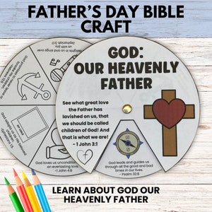 Puede incluir: Una manualidad imprimible para el Día del Padre para niños. La manualidad es una rueda con diferentes versículos bíblicos sobre Dios como nuestro Padre Celestial. La rueda tiene un corazón rojo, una cruz, un ancla y una brújula.