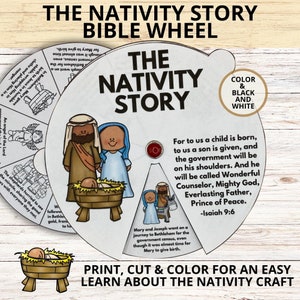 The Nativity Story Coloring Wheel Craft Printable for Kids, Christmas Sunday School Craft Activity, Birth of Jesus Christmas Lesson Craft
