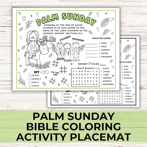 Palm Sunday Bible Activity Coloring Placemat, Palm Sunday School Game Activity for Kids, Children's Church Holy Week Bible Craft Activity