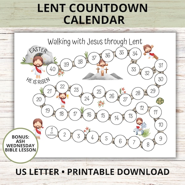 40 Days Lent Countdown Calendar for Kids, 40 Days Lenten Calendar, Ash Wednesday Bible Lesson, Catholic Lenten Countdown for Kids