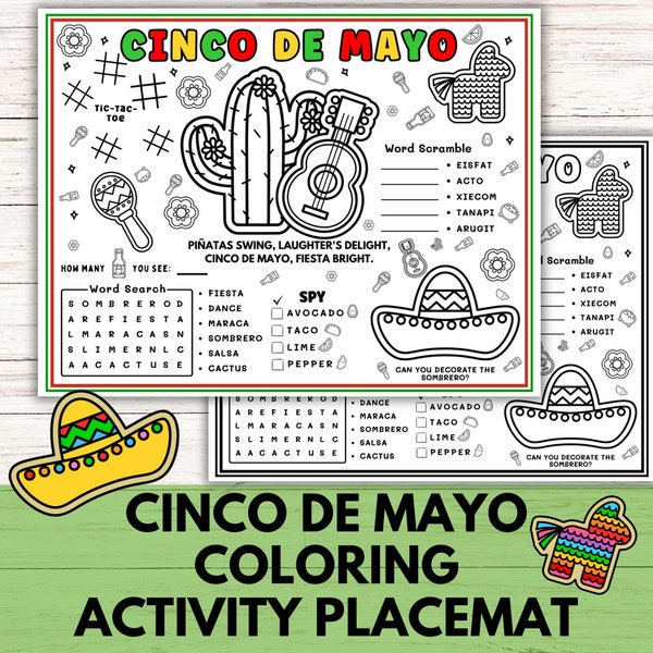 Set de table à colorier Cinco de Mayo Activity, jeux d'activités Fiesta à imprimer pour les enfants, jeux de coloriage pour fête Cinco de Mayo et jeux de recherche de mots