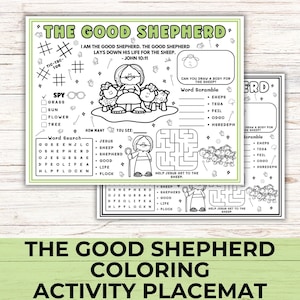 May include: A black and white printable colouring page with a religious theme. The page features a shepherd with a staff and sheep. The text "The Good Shepherd Colouring Activity Placemat" is at the bottom of the page.