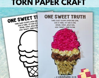 May include: Two sheets of paper with ice cream cone art. One is a black and white outline, the other features a colorful ice cream cone made of torn paper. Text reads "Holy Trinity Torn Paper Craft."