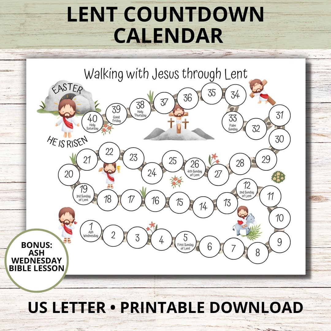 40 Days Lent Countdown Calendar for Kids, 40 Days Lenten Calendar, Ash