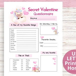 Geheimer Valentinstag-Fragebogen, Valentinstag-Geheimer Valentinstag druckbar, Freund-Geschenk-Austausch-Wunschlisten-Formular, geheimer Kumpel Alles über mich