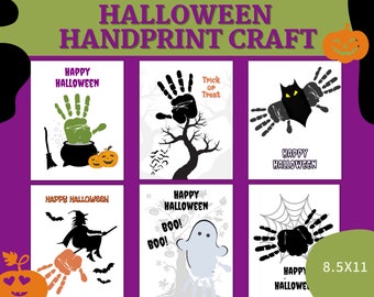 May include: Six printable Halloween handprint craft cards. Each card features a different Halloween theme, including a witch, a ghost, a spider, a bat, a cauldron, and a tree. The cards are designed to be printed on 8.5x11 inch paper.
