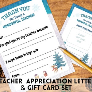 Carta de agradecimiento al maestro, titular de la tarjeta de regalo de Navidad para maestros imprimible, carta de agradecimiento al maestro, nota de agradecimiento de vacaciones y tarjeta de regalo