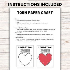 May include: A white sheet of paper with instructions for a torn paper craft. The text reads "Instructions Included" and "Torn Paper Craft." The instructions include materials, steps, and a heart outline. The finished heart is red.