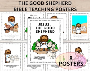 May include: Eight black and white illustrated posters with the text "The Good Shepherd" and Bible verses about Jesus as the Good Shepherd. The posters feature a cartoon image of Jesus with sheep.