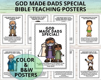 May include: A collection of Bible teaching posters with the text "GOD MADE DADS SPECIAL" and various themes. The posters feature cartoon illustrations and text such as "GOD MADE DADS TO LEAD THEIR FAMILIES WITH COURAGE."