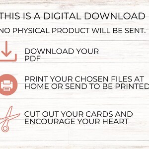 Puede incluir: Un gr&aacute;fico de descarga digital con instrucciones sobre c&oacute;mo descargar, imprimir y cortar tarjetas imprimibles. El gr&aacute;fico presenta un icono de descarga, un icono de impresora y un par de tijeras.