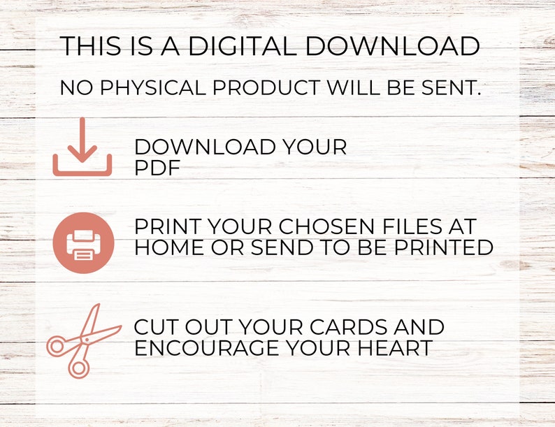 Puede incluir: Un gr&aacute;fico de descarga digital con instrucciones sobre c&oacute;mo descargar, imprimir y cortar tarjetas imprimibles. El gr&aacute;fico presenta un icono de descarga, un icono de impresora y un par de tijeras.