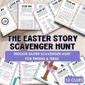 May include: A set of Easter-themed scavenger hunt clue cards for tweens and teens. The cards feature puzzles, riddles, and codes, with the title "The Easter Story Scavenger Hunt". The set includes 12 clues. The cards are colorful and engaging.
