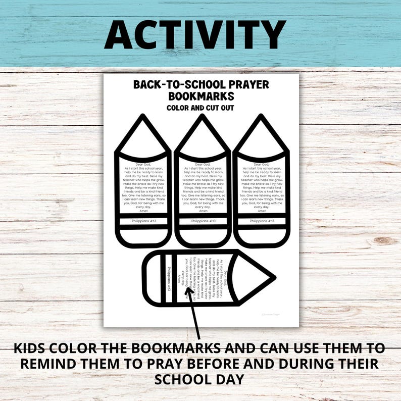 May include: Printable black and white bookmarks shaped like pencils with a prayer for children to color and use at school. The text reads "Dear God, As I start this school year, I want to do my best. Bless my teacher who helps me grow. Help me make new friends and be a kind friend. Give me the strength to do the right things. Thank you for being with me every day. Amen. Philippians 4:13"