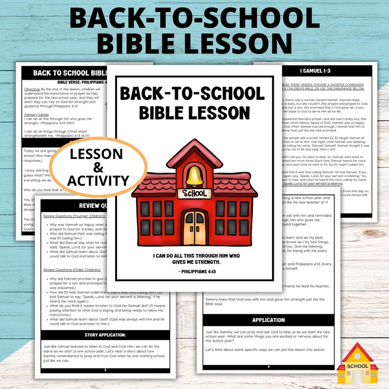 Image has a picture of a schoolhouse on the cover of a back to-school Bible lesson. Pages show a Bible story, review questions, application, and activity.