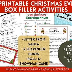 Paquete de actividades navideñas imprimibles para niños, carta de Papá Noel, búsqueda del tesoro navideña en interiores, búsqueda de luces navideñas, juego de dados de muñeco de nieve