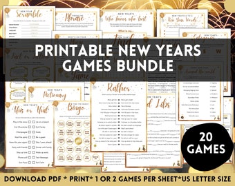 Może przedstawiać: Zestaw drukowanych gier noworocznych z 20 grami na zabawne przyjęcie sylwestrowe. Gry obejmują "New Year's Scramble", "Finish the Phrase", "New Year's Who Knows Who Best", "New Year's A to Z", "New Year's Categories", "Happy New Year Around the World", "New Year's Fact or Fiction", "New Year's Pictionary", "This or That", "Find the Quest Bingo", "Rather", "New Year's Mad Libs".