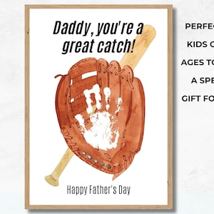 Regalo artesanal imprimible con huellas de manos del Día del Padre para papá, manualidad de papá de recuerdo de bricolaje de niños, artesanía con huellas de manos de fanáticos del béisbol del Día del Padre en edad preescolar