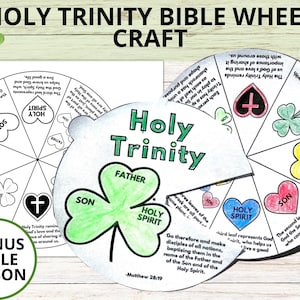 May include: A printable Holy Trinity Bible Wheel craft for kids. The wheel features a shamrock with three leaves, each representing a part of the Trinity: God the Father, God the Son, and the Holy Spirit. The craft includes a bonus Bible lesson.