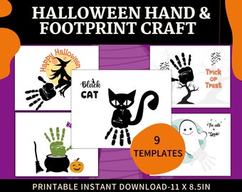 May include: Nine printable Halloween hand and footprint craft templates. The templates feature a black cat, a witch, a ghost, a cauldron, and the text "Happy Halloween", "Black Cat", "Trick or Treat", and "Too cute to spook!"
