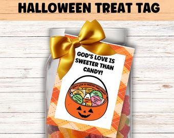 Christian Halloween Bible Treat Tags, Church Harvest Carnival Treat Bag Tag, God's Love is Sweeter than Candy Tag, Trunk or Treat Candy Tag