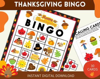 May include: A Thanksgiving Bingo game with a black and white bingo card featuring images of turkeys, acorns, leaves, pumpkins, and mushrooms. The card has a free space with the words "Gobble Gobble". There are 30 calling cards with images of the same items on the bingo card.