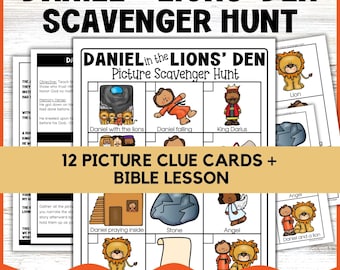 Lección bíblica de Daniel en el foso de los leones: actividad de búsqueda del tesoro para niños de preescolar, lección de escuela dominical para niños, juego bíblico de la lección de Daniel 6