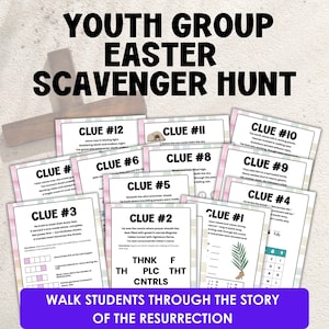 May include: A collection of Easter-themed scavenger hunt clues for a youth group. The cards feature clues with corresponding numbers, text, and illustrations. The title "Youth Group Easter Scavenger Hunt" is displayed at the top.