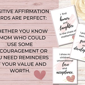 Puede incluir: Cuatro tarjetas de afirmaci&oacute;n rosadas y doradas con mensajes positivos para las madres. Las tarjetas presentan el texto "Encuentro humor y risa en el caos de la maternidad", "Muestro a mis hijos amor incondicional y aceptaci&oacute;n", "Priorizo mi propio crecimiento personal y desarrollo", y "Encuentro humor y risa en el caos de la maternidad".