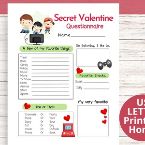 Geheimer Valentine-Fragebogen, Videospieler Secret Valentine druckbar für Jungen, Freund-Geschenk-Austausch-Wunschliste, Secret Pal All About Me