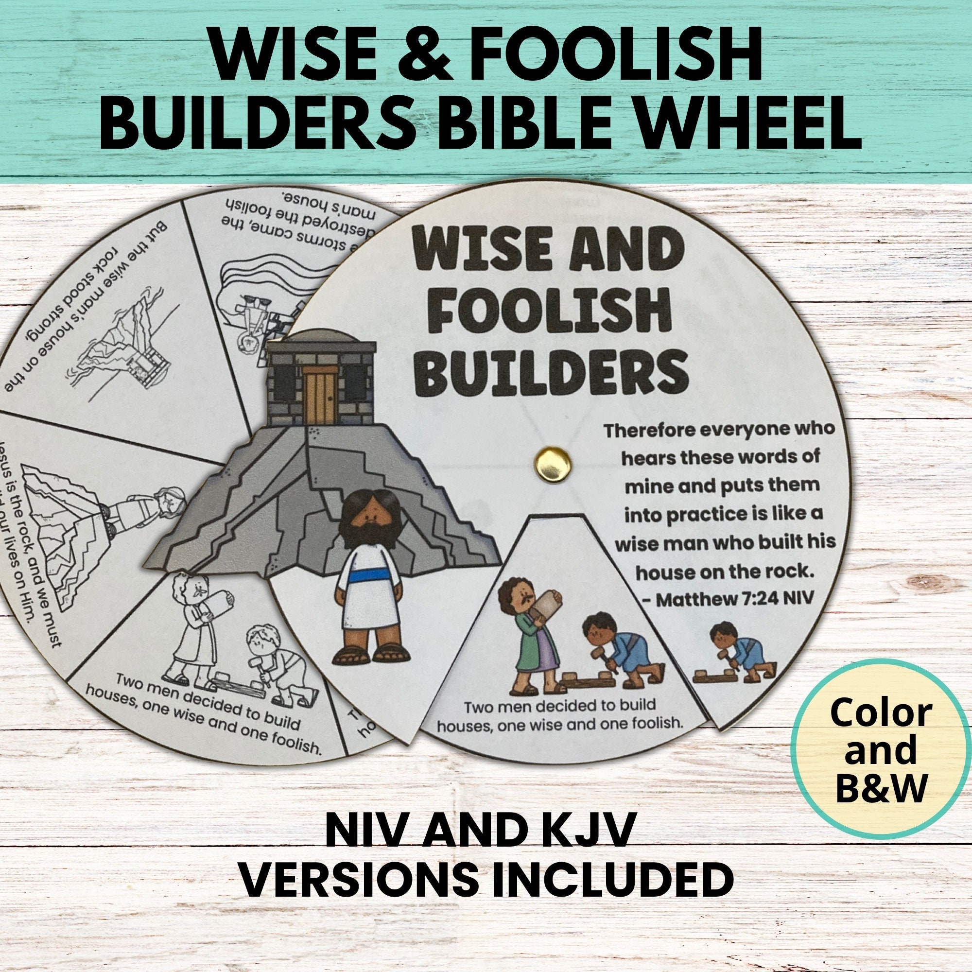 Parable of the Wise and Foolish Builders Sunday School Bible Wheel Craft for Kids, Build Your Life on the Rock Matthew 7:24-27 Craft for VBS