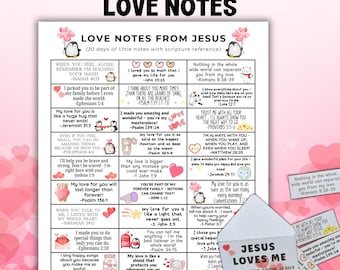 Puede incluir: Una hoja de "Love Notes from Jesus" con 30 días de mensajes con referencia a las escrituras. El diseño presenta pingüinos de dibujos animados, corazones y el texto "Jesus Loves Me". Cada nota tiene un mensaje corto.