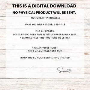 May include: A digital download announcement with the text "THIS IS A DIGITAL DOWNLOAD, NO PHYSICAL PRODUCT WILL BE SENT." The image also includes the text "MOMS HEART PRINTABLES" and details about a PDF file with instructions for a Bible craft.