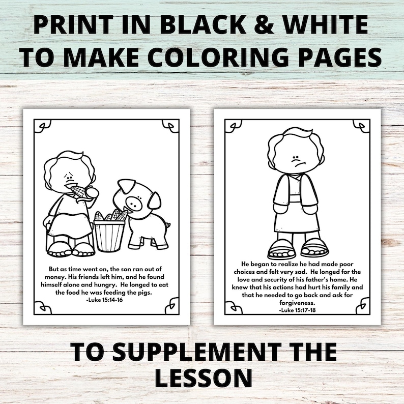 The Prodigal Son Bible Lesson Teaching Posters and Coloring, Sunday ...