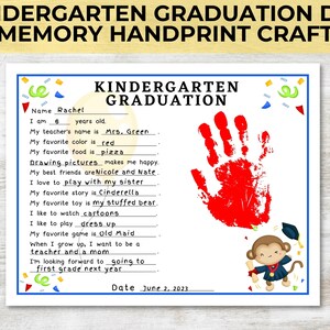 Last Day of Kindergarten Graduation Keepsake Handprint Art, Handprint Craft Kindergarten Interview Questionnaire, End of School Printable