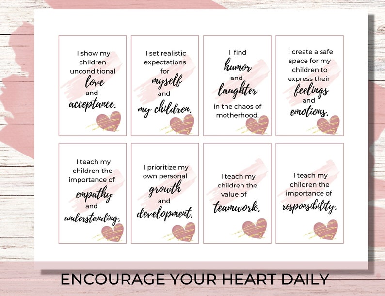 Puede incluir: Ocho tarjetas imprimibles con fondos de acuarela rosa y corazones dorados. Cada tarjeta presenta una afirmaci&oacute;n positiva para los padres, como "Les muestro a mis hijos amor incondicional y aceptaci&oacute;n." y "Les ense&ntilde;o a mis hijos la importancia de la empat&iacute;a y la comprensi&oacute;n."