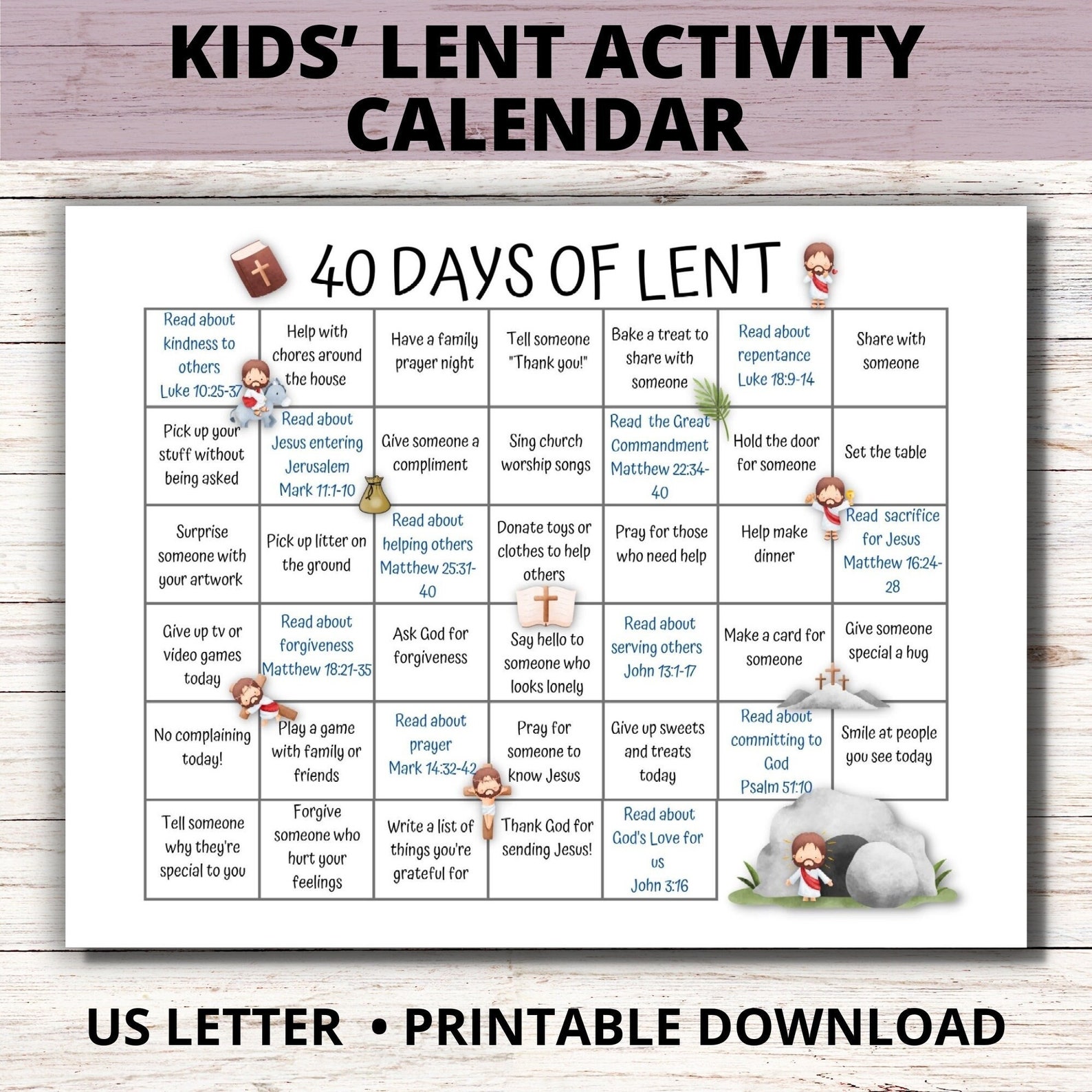 Kids 40 Days Lenten Calendar, Lent Activity Calendar for Kids, Ash ...