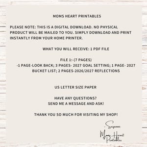 May include: A digital download document titled MOMS HEART PRINTABLES on a light background. It lists 7 pages including a look back, 2027 goal setting, 2027 bucket list, and 2026/2027 reflections in US letter size. Includes shop contact information.