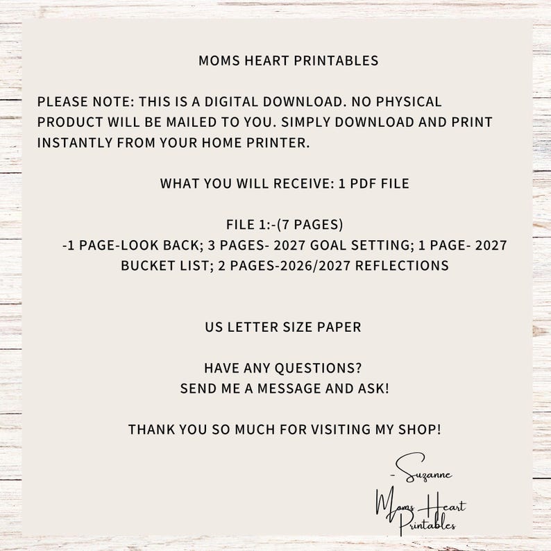 May include: A digital download document titled MOMS HEART PRINTABLES on a light background. It lists 7 pages including a look back, 2027 goal setting, 2027 bucket list, and 2026/2027 reflections in US letter size. Includes shop contact information.